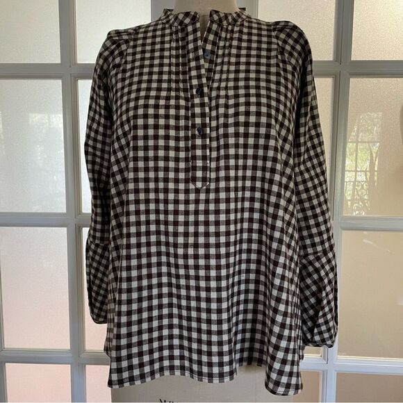 Pietsie Atlin Brwn/Wht Gingham Pull Over Long Full Sleeve Pleated Top Sz-M NWT! - Picture 3 of 9